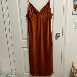 Abercrombie Ruched Satin Slip Midi Dress Brown